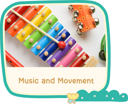 Music and Movement — a rainbow xylophone with its beater, jingle bells and a recorder laid out ready to play.