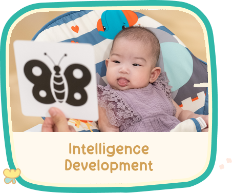 Intelligence Development — an infant in a bouncer watching a high-contrast butterfly card held by an Infant Teacher.